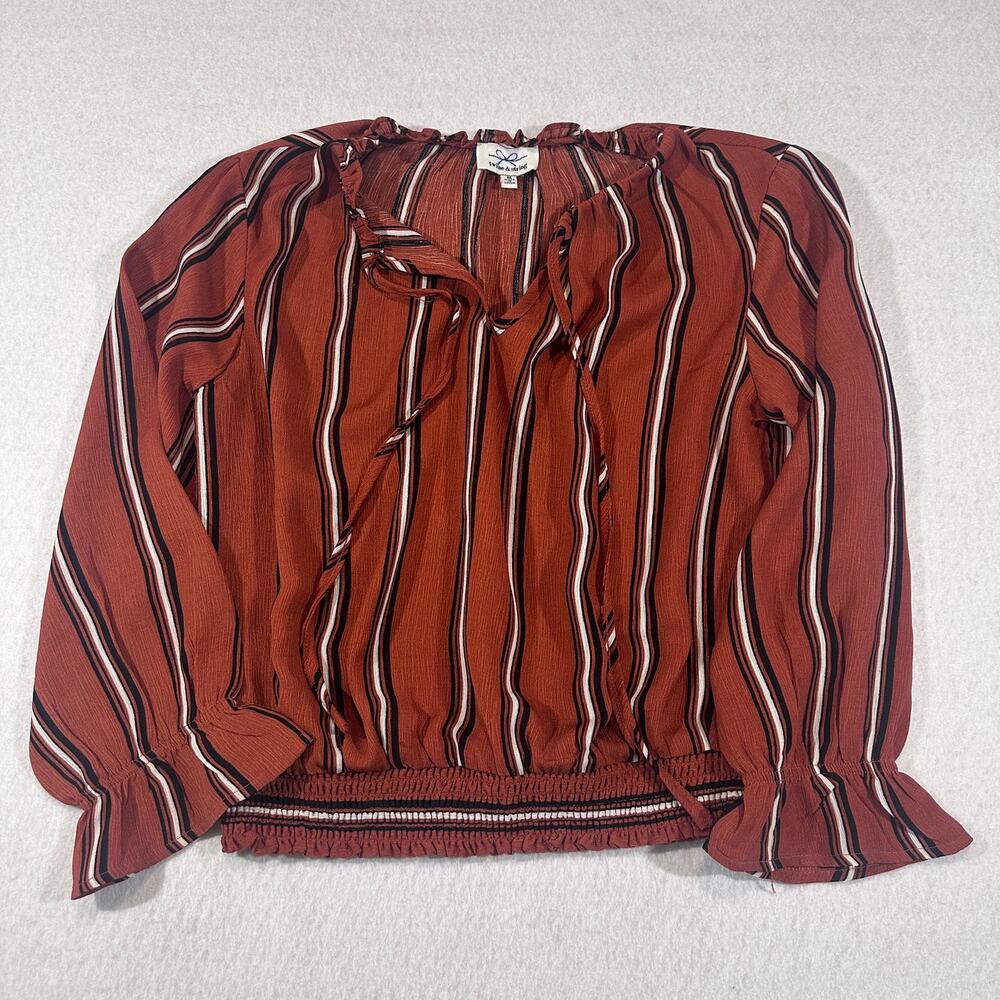 Twine & String Medium Rust Striped Peasant Blouse Boho Cottagecore Smocked